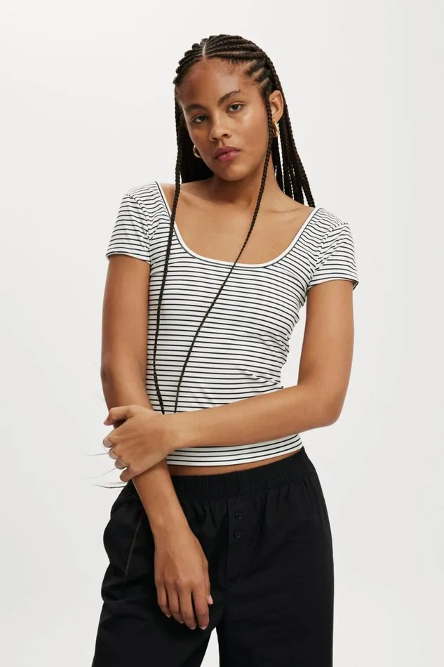 Emily Double Scoop Short Sleeve Crisp Stripe Natural Whiteblack Women Cotton On Tops Emily Double Scoop Short Sleeve Crisp Stripe Natural Whiteblack Women Cotton On Tops