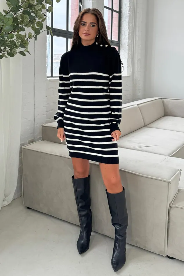 Fallon Black With Cream Stripe Knit Jumper Dress Women Girl In Mind Knitwear