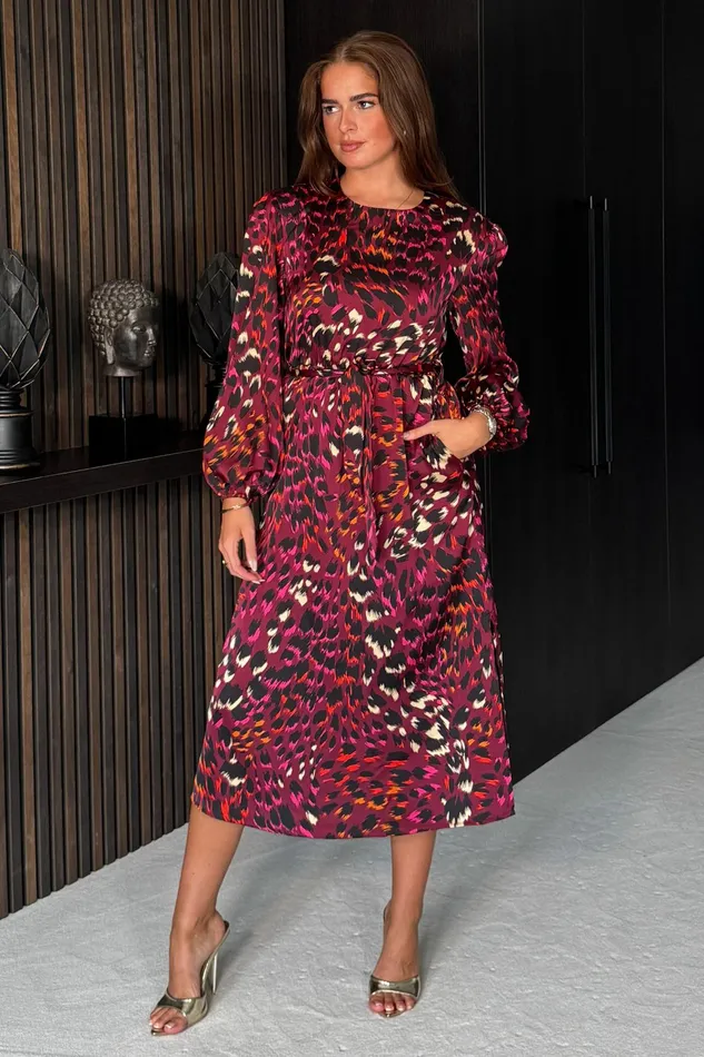 Fay Padded Shoulder Long Sleeve Midi Dress Berry Leopard Women Girl In Mind Long Sleeve Dresses