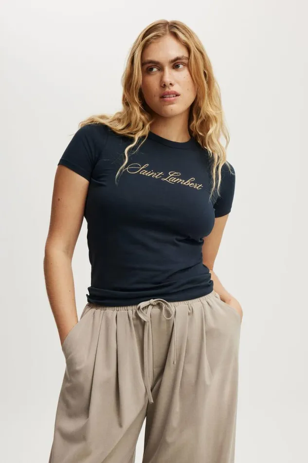 Fitted Graphic Longline Tee Saint Lambertink Navy Women Cotton On Tops