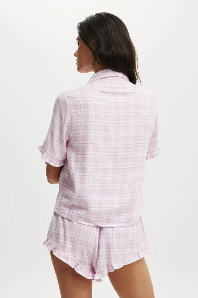 Flannel Short Sleeve Shirt And Short Sleep Set Pink Check Women Cotton On Pajamas Flannel Short Sleeve Shirt And Short Sleep Set Pink Check Women Cotton On Pajamas