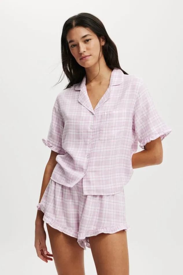 Flannel Short Sleeve Shirt And Short Sleep Set Pink Check Women Cotton On Pajamas Flannel Short Sleeve Shirt And Short Sleep Set Pink Check Women Cotton On Pajamas