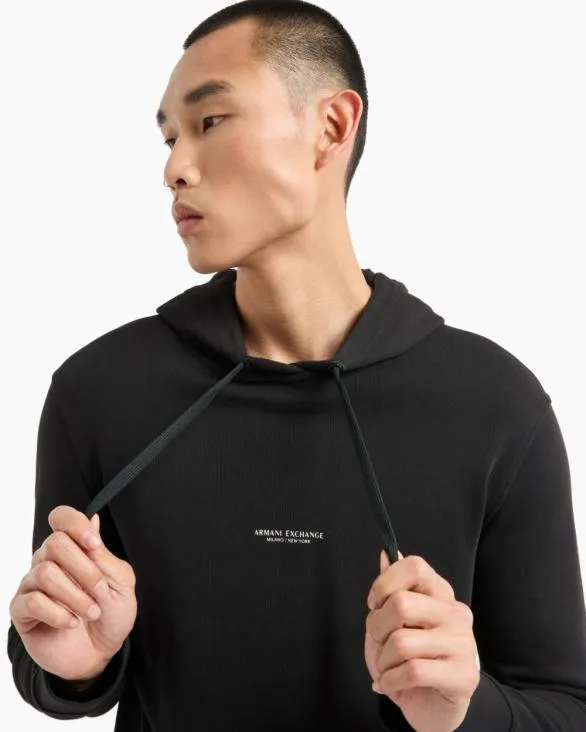 French Terry Cotton Hoodie With Logo Black Men Armani Matching Sets French Terry Cotton Hoodie With Logo Black Men Armani Matching Sets