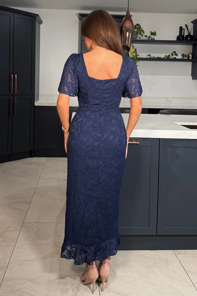 Heidi Floral Burnout Ruched Midi Dress Navy Women Girl In Mind Bodycon Dresses