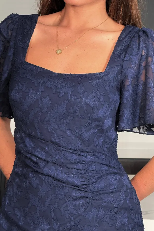 Heidi Floral Burnout Ruched Midi Dress Navy Women Girl In Mind Bodycon Dresses