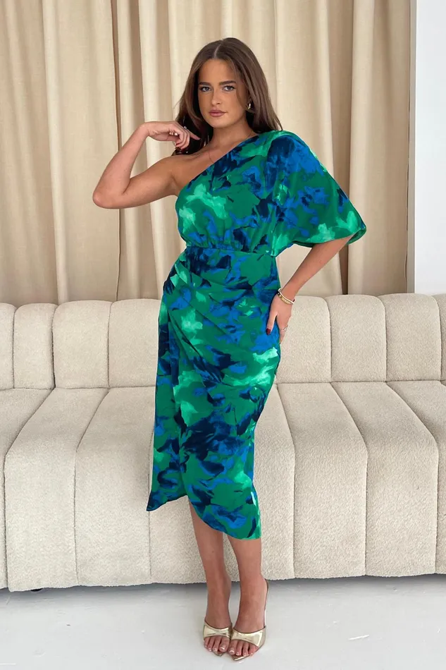Ira One Shoulder Floral Wrap Skirt Midi Dress Green Women Girl In Mind CoOrds