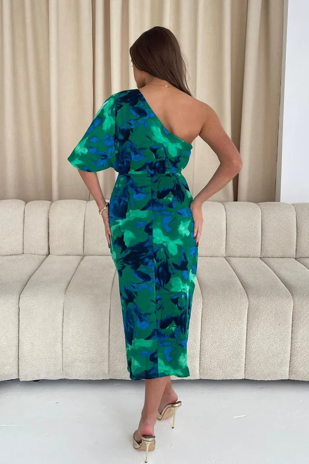 Ira One Shoulder Floral Wrap Skirt Midi Dress Green Women Girl In Mind CoOrds