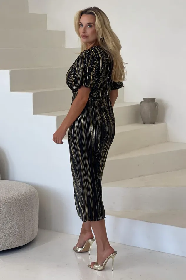 Isla Black And Gold Plisse Wrap Front Midi Dress Women Girl In Mind Wrap Dresses