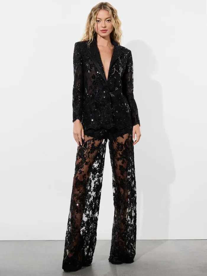 Jackets Coats Women Alice Olivia JUDITH EMBELLISHED SHEER LACE NOTCH COLLAR BLAZER Black