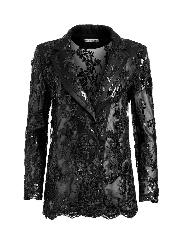 Jackets Coats Women Alice Olivia JUDITH EMBELLISHED SHEER LACE NOTCH COLLAR BLAZER Black