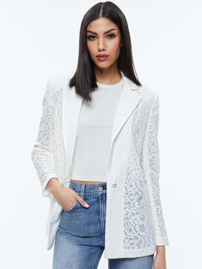 Jackets Coats Women Alice Olivia JUDITH SHEER LACE SHAWL COLLAR BLAZER Off White Jackets Coats Women Alice Olivia JUDITH SHEER LACE SHAWL COLLAR BLAZER Off White