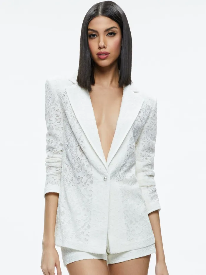 Jackets Coats Women Alice Olivia JUDITH SHEER LACE SHAWL COLLAR BLAZER Off White