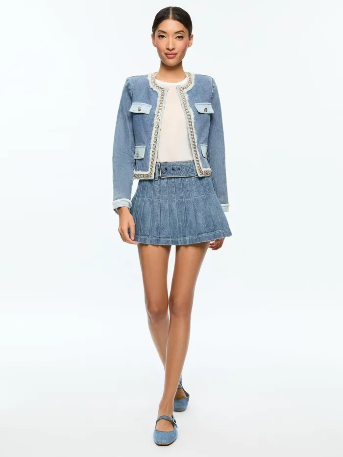 Jackets Coats Women Alice Olivia LANDON CROPPED JACKET WITH GOLD CHAIN Avery Blue