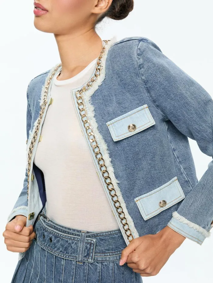 Jackets Coats Women Alice Olivia LANDON CROPPED JACKET WITH GOLD CHAIN Avery Blue