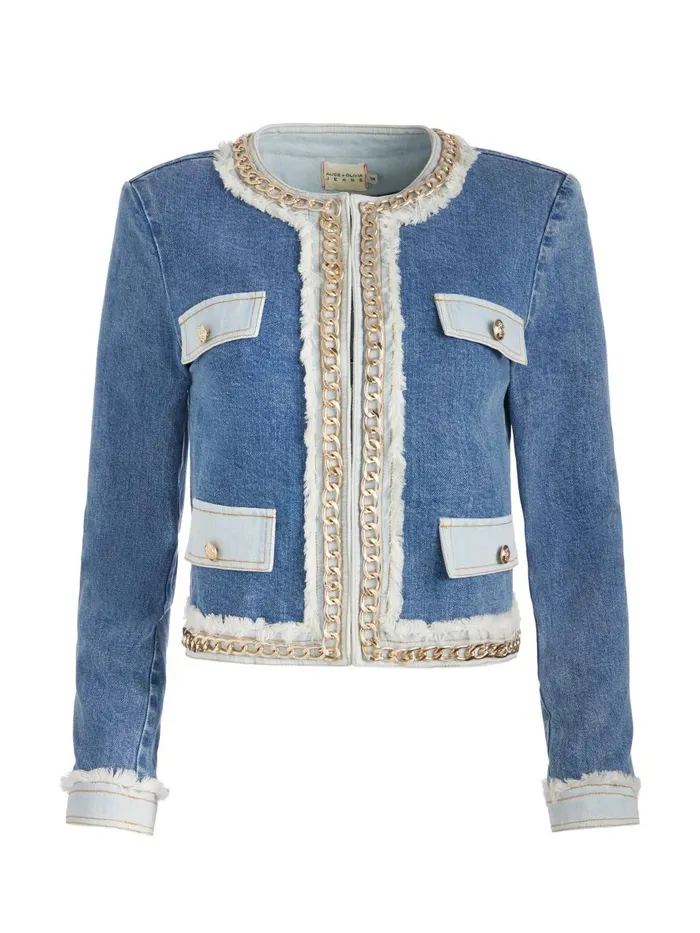 Jackets Coats Women Alice Olivia LANDON CROPPED JACKET WITH GOLD CHAIN Avery Blue