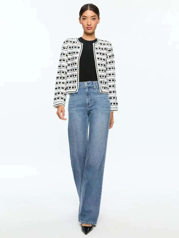 Jackets Coats Women Alice Olivia MARJORIE TEXTURED TWEED STITCH CARDIGAN JACKET Soft Whiteblack