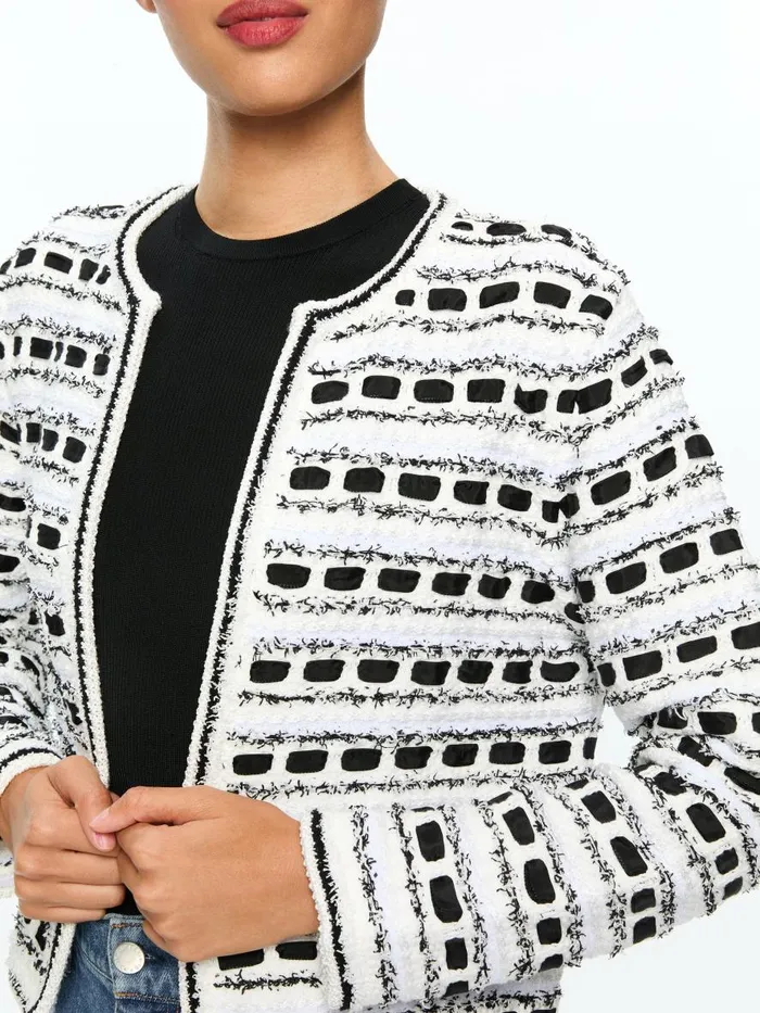 Jackets Coats Women Alice Olivia MARJORIE TEXTURED TWEED STITCH CARDIGAN JACKET Soft Whiteblack