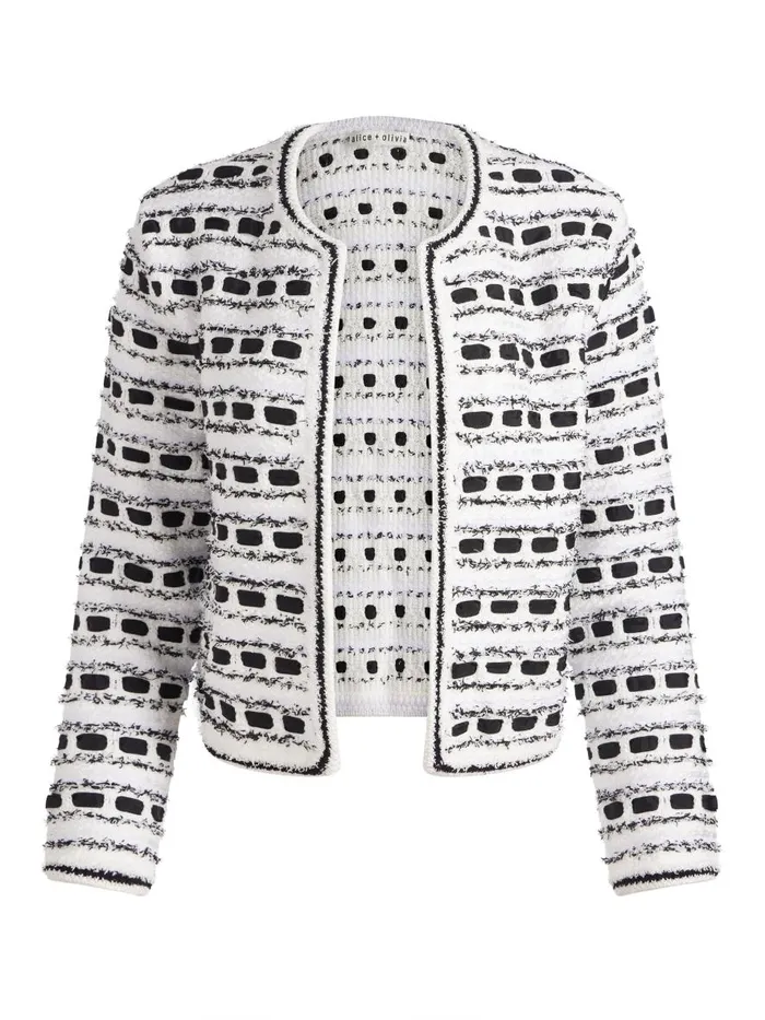 Jackets Coats Women Alice Olivia MARJORIE TEXTURED TWEED STITCH CARDIGAN JACKET Soft Whiteblack