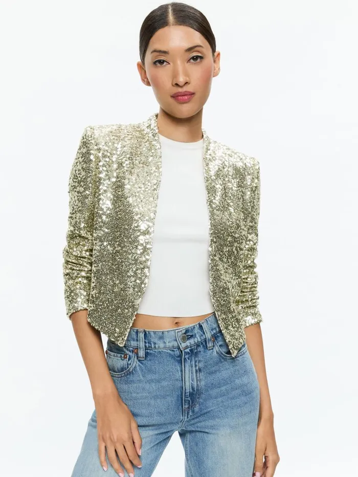 Jackets Coats Women Alice Olivia NEW HARVEY SEQUIN OPEN FRONT JACKET Champagnesilver Jackets Coats Women Alice Olivia NEW HARVEY SEQUIN OPEN FRONT JACKET Champagnesilver