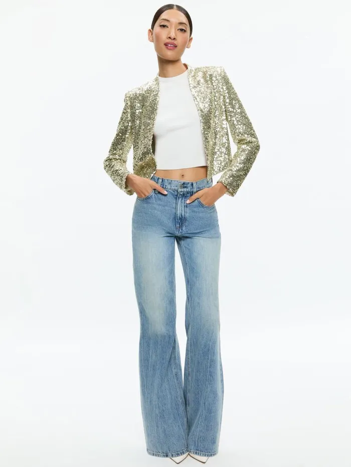 Jackets Coats Women Alice Olivia NEW HARVEY SEQUIN OPEN FRONT JACKET Champagnesilver