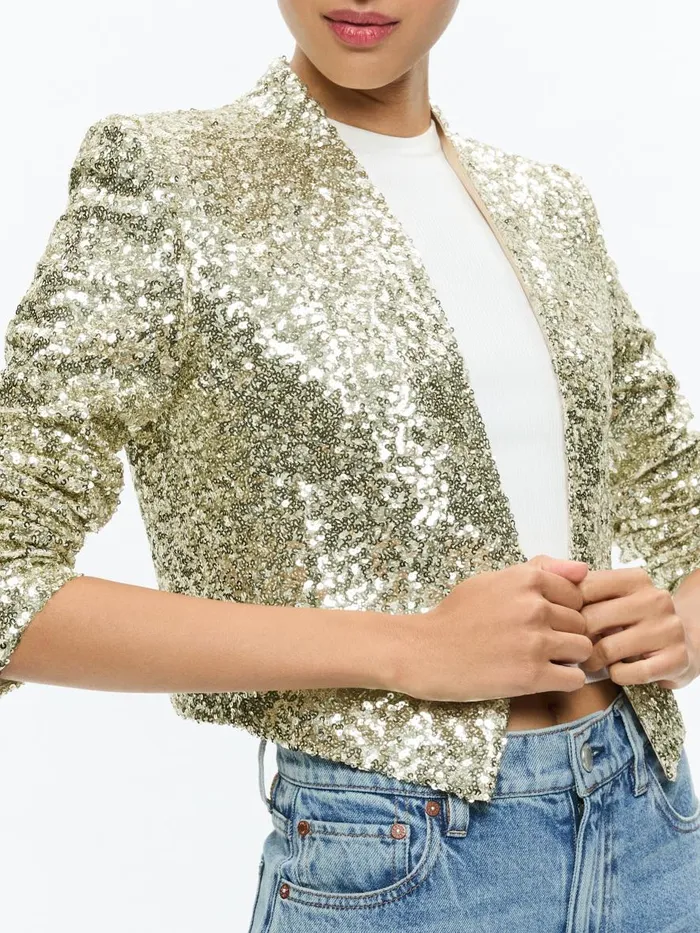 Jackets Coats Women Alice Olivia NEW HARVEY SEQUIN OPEN FRONT JACKET Champagnesilver