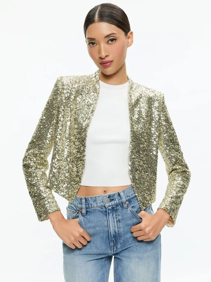 Jackets Coats Women Alice Olivia NEW HARVEY SEQUIN OPEN FRONT JACKET Champagnesilver