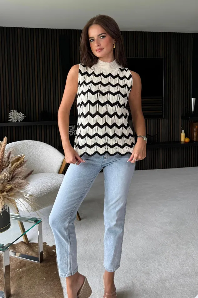 Jada Monochrome Crochet Chevron Top Women Girl In Mind Knitwear