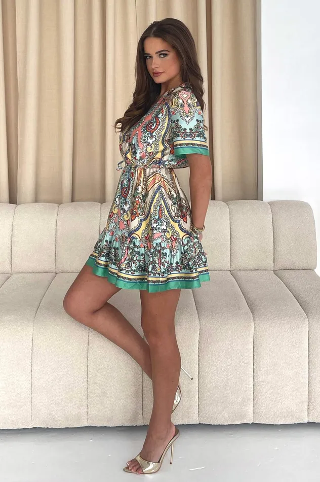 Jazlyn Blue Boarder Print Wrap Mini Dress Women Girl In Mind Wrap Dresses