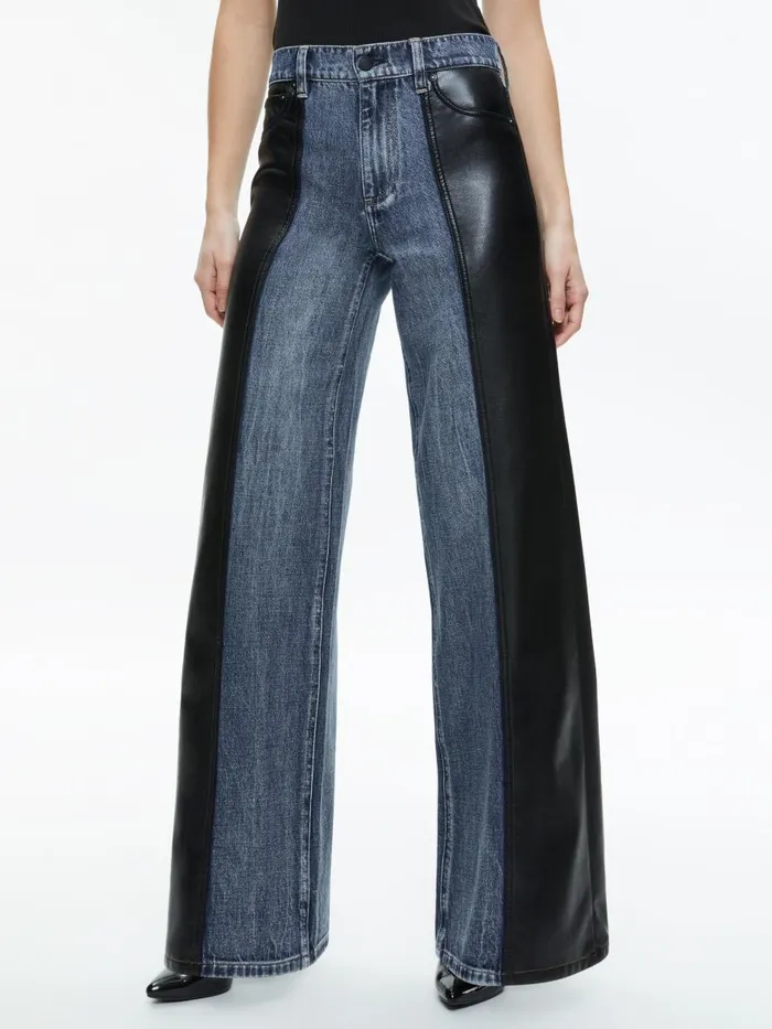 Jeans Women Alice Olivia TRISH VEGAN LEATHER BAGGY JEAN Brooklyn Blue