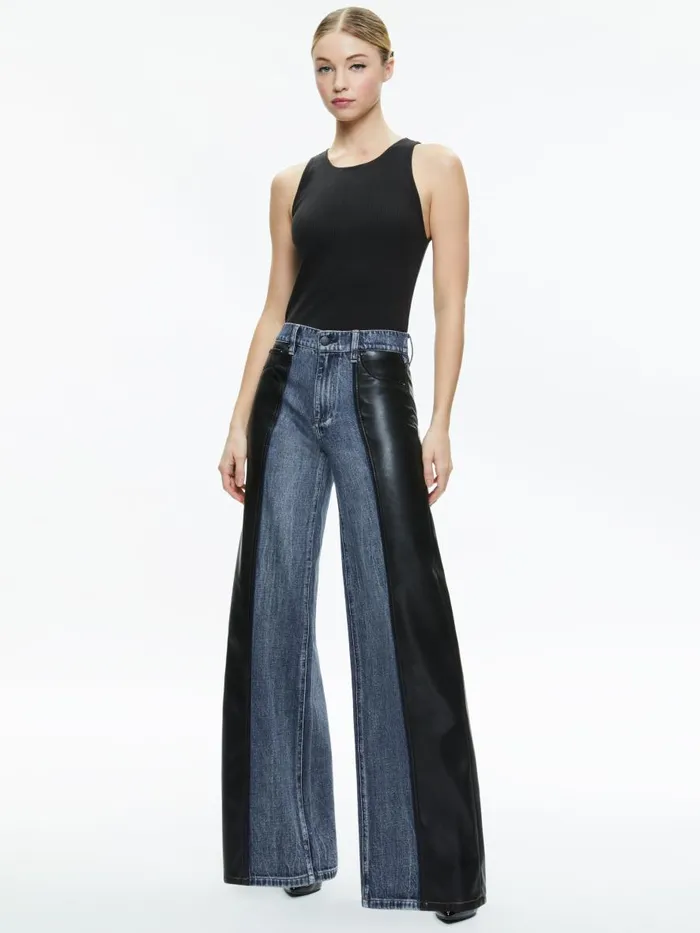 Jeans Women Alice Olivia TRISH VEGAN LEATHER BAGGY JEAN Brooklyn Blue
