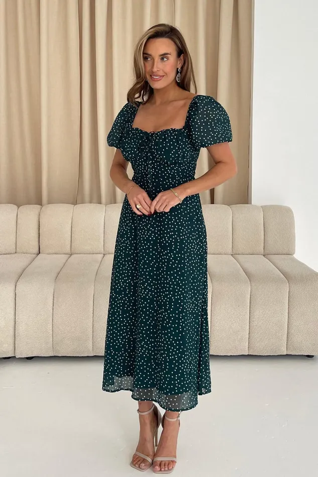 Jemima Square Neck Midi Dress Green Polka Women Girl In Mind Midi Dresses