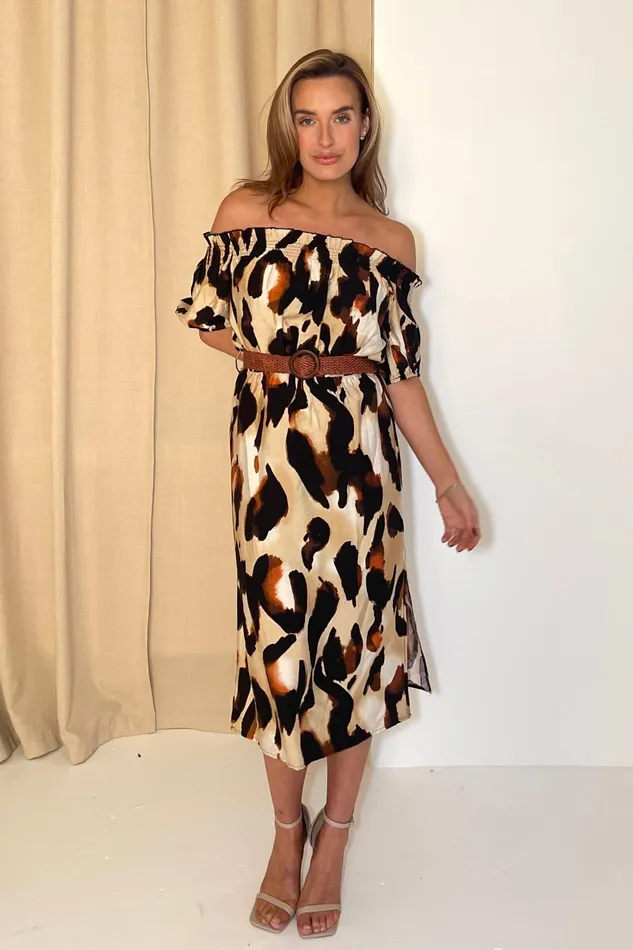 Jordana Off The Shoulder Midi Dress Brown Animal Women Girl In Mind Midi Dresses Jordana Off The Shoulder Midi Dress Brown Animal Women Girl In Mind Midi Dresses