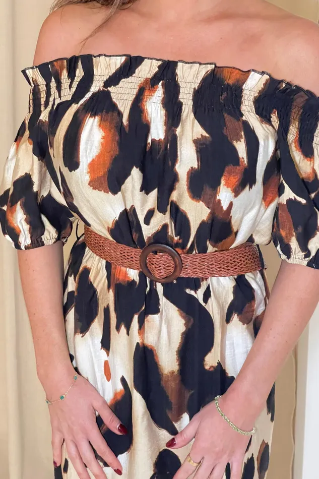 Jordana Off The Shoulder Midi Dress Brown Animal Women Girl In Mind Midi Dresses