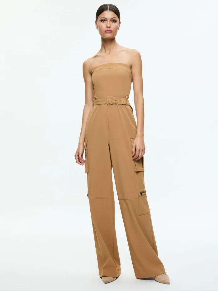 Jumpsuits Rompers Women Alice Olivia SACHIKO STRAPLESS CARGO JUMPSUIT Tan