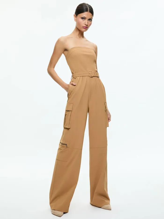 Jumpsuits Rompers Women Alice Olivia SACHIKO STRAPLESS CARGO JUMPSUIT Tan