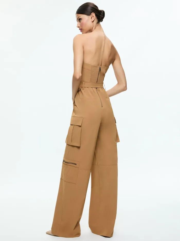 Jumpsuits Rompers Women Alice Olivia SACHIKO STRAPLESS CARGO JUMPSUIT Tan
