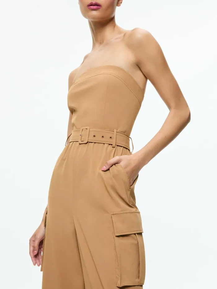 Jumpsuits Rompers Women Alice Olivia SACHIKO STRAPLESS CARGO JUMPSUIT Tan