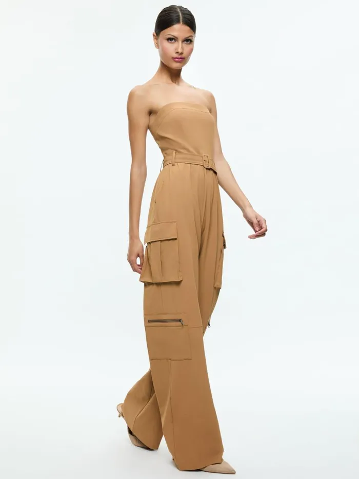 Jumpsuits Rompers Women Alice Olivia SACHIKO STRAPLESS CARGO JUMPSUIT Tan