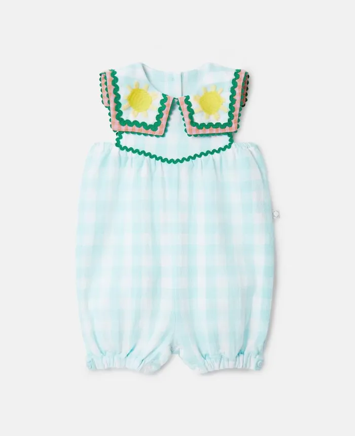 Kids Newborn 0 8211 24 Months Stella McCartney Sunshine Embroidery Gingham Romper Blue Kids Newborn 0 8211 24 Months Stella McCartney Sunshine Embroidery Gingham Romper Blue