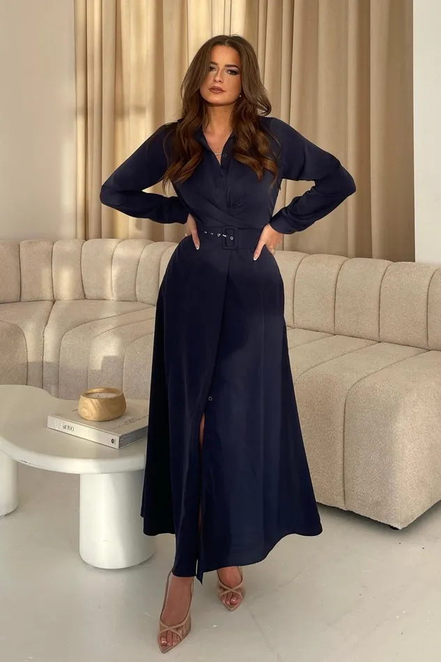 Kira Wrap Detail Navy Maxi Shirt Dress Women Girl In Mind Wrap Dresses