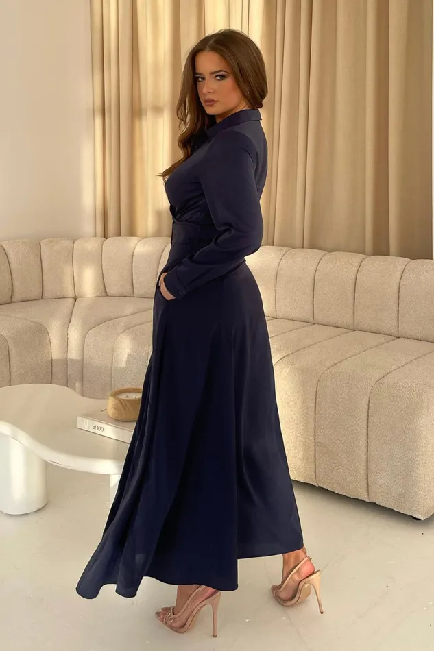 Kira Wrap Detail Navy Maxi Shirt Dress Women Girl In Mind Wrap Dresses