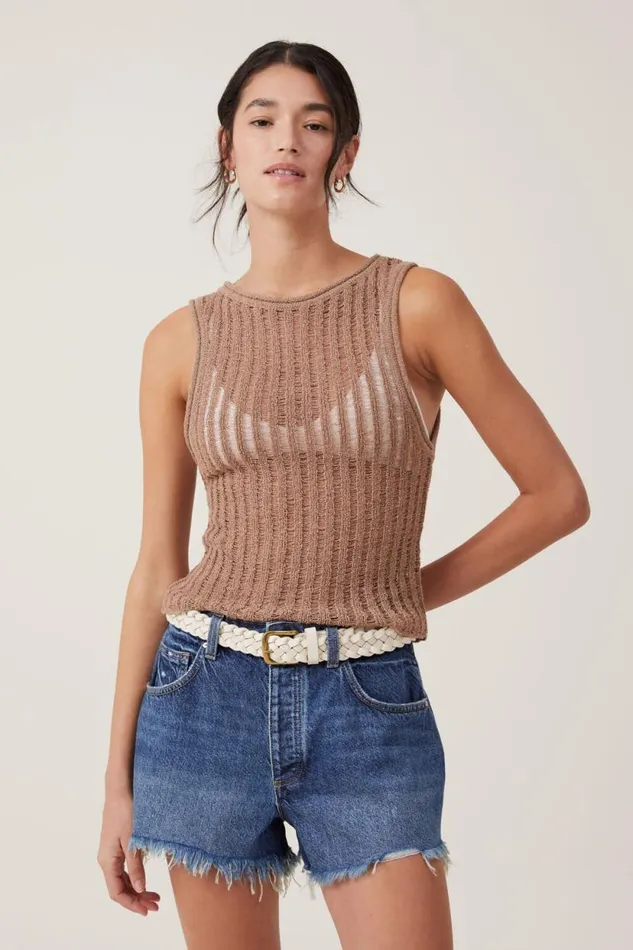Ladder Knit Boatneck Tank Mocha Women Cotton On Tops