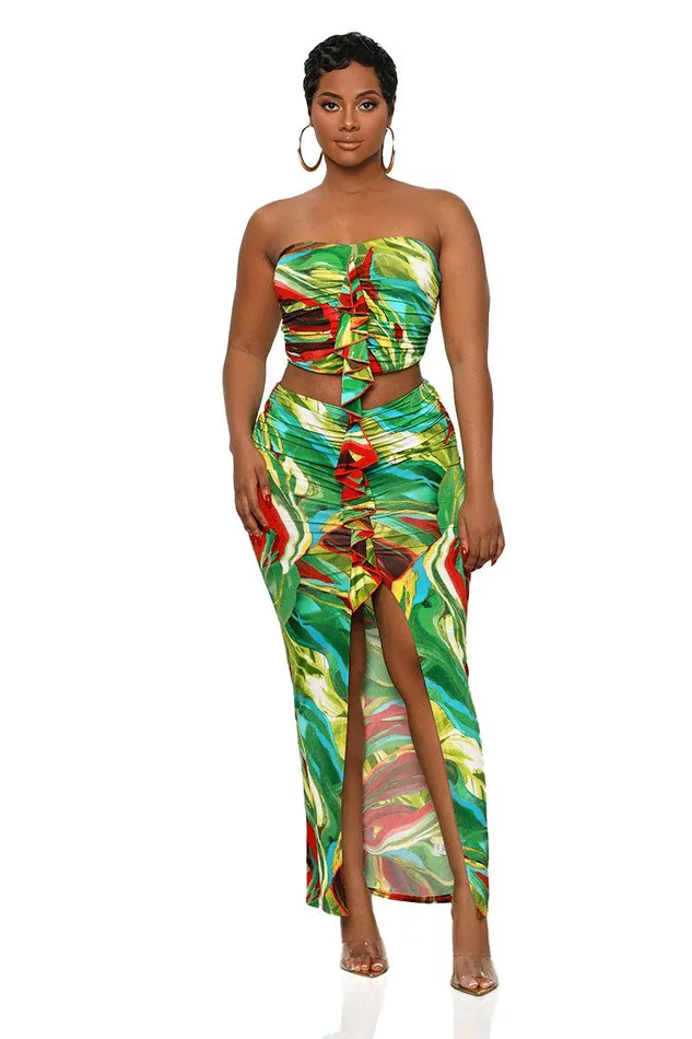 Lilly039s Kloset Sets Women Breezy Tropics Skirt Set Green Multi