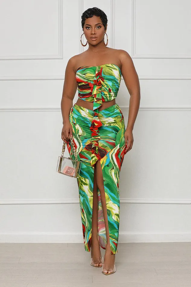 Lilly039s Kloset Sets Women Breezy Tropics Skirt Set Green Multi
