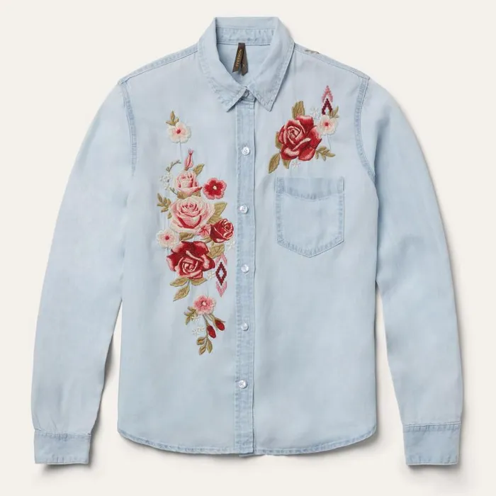 LongSleeved Embroidered Shirt Blue Women Stetson Denim Shirts