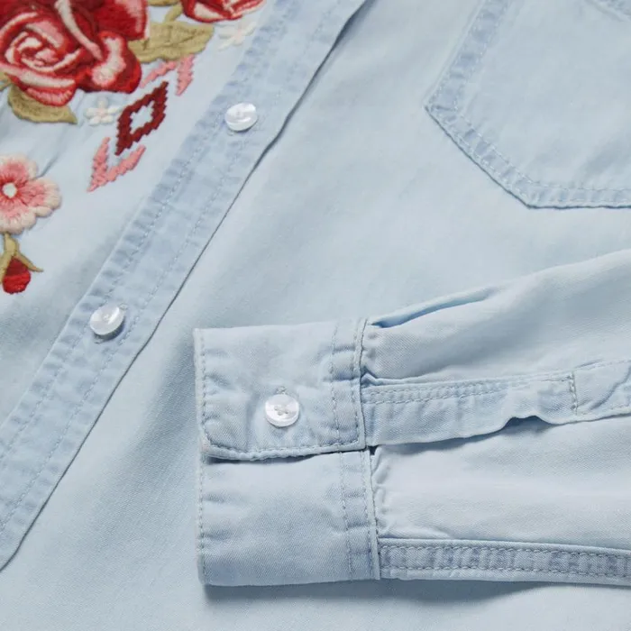 LongSleeved Embroidered Shirt Blue Women Stetson Denim Shirts