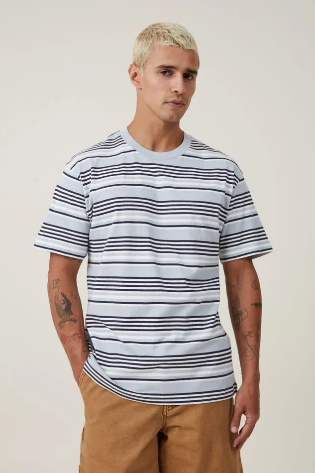 Loose Fit Stripe TShirt Sky Blue Everyday Stripe Men Cotton On Tees and Tanks