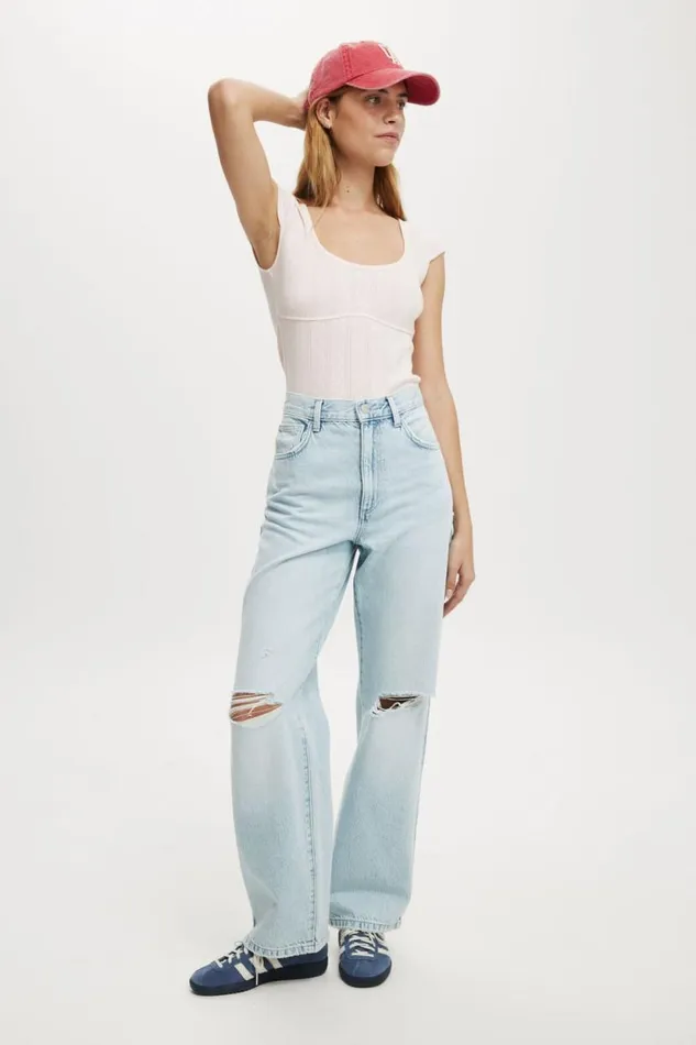 Loose Straight Jean Crystal Blue Rip Women Cotton On Pants