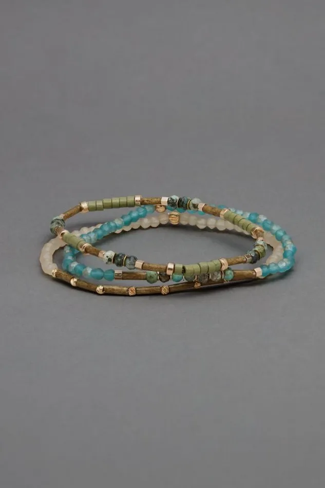 Lucky Brand Amazonite Beaded Bracelet Set Two Tone Women Jewelry