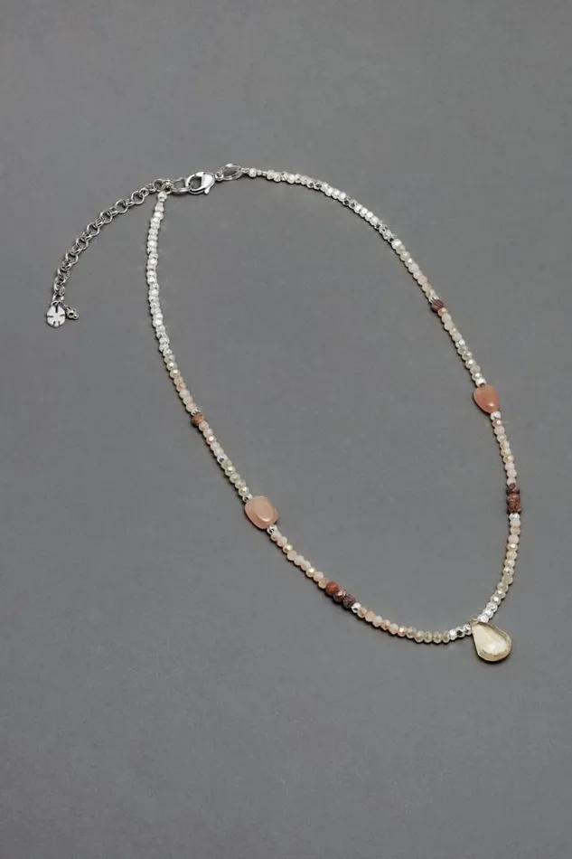 Lucky Brand Beaded Stone Collar Necklace Silver Women Jewelry
